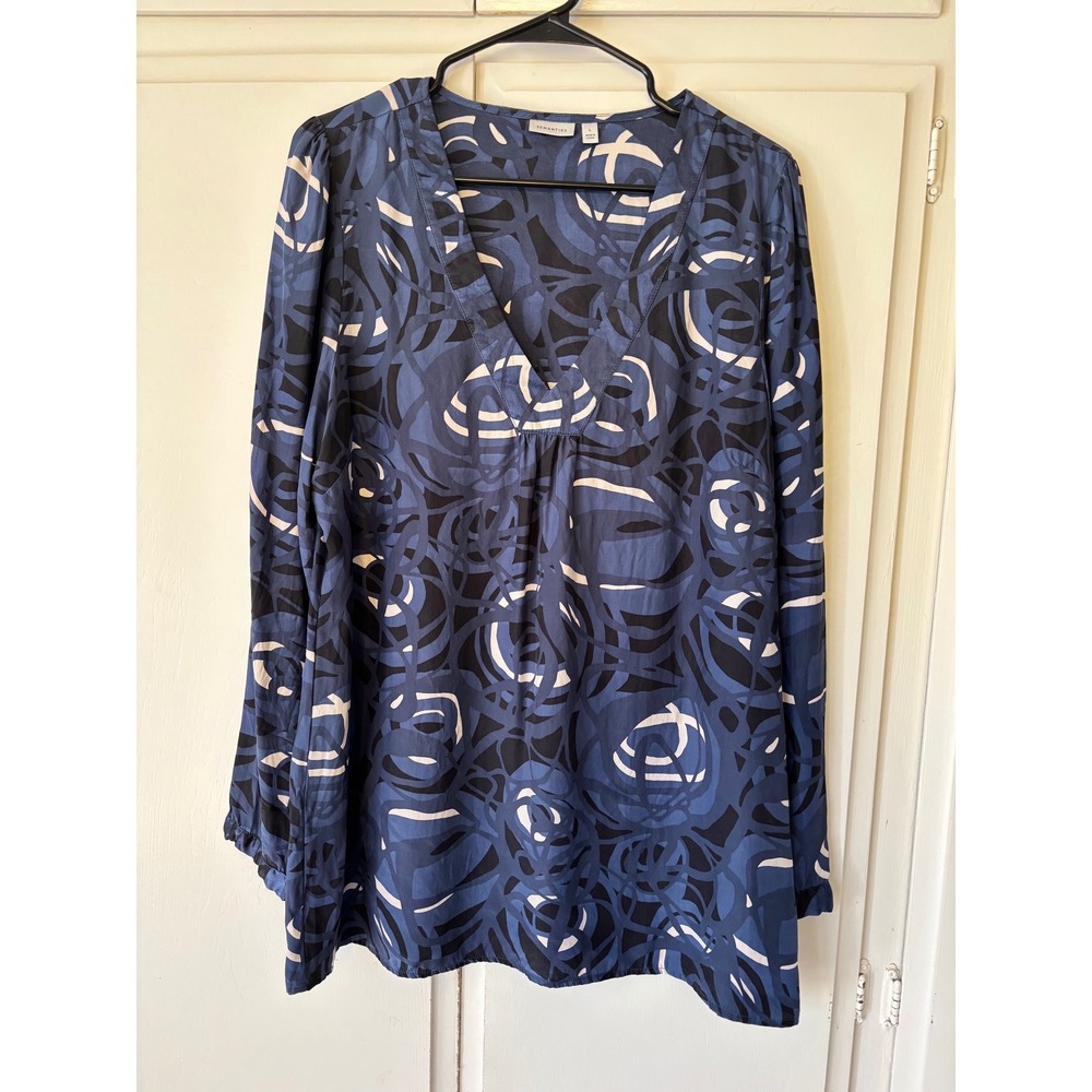 Semantics Womens Blue Abstract Swirl 100% Silk V-Neck Long Sleeve Blouse Size L